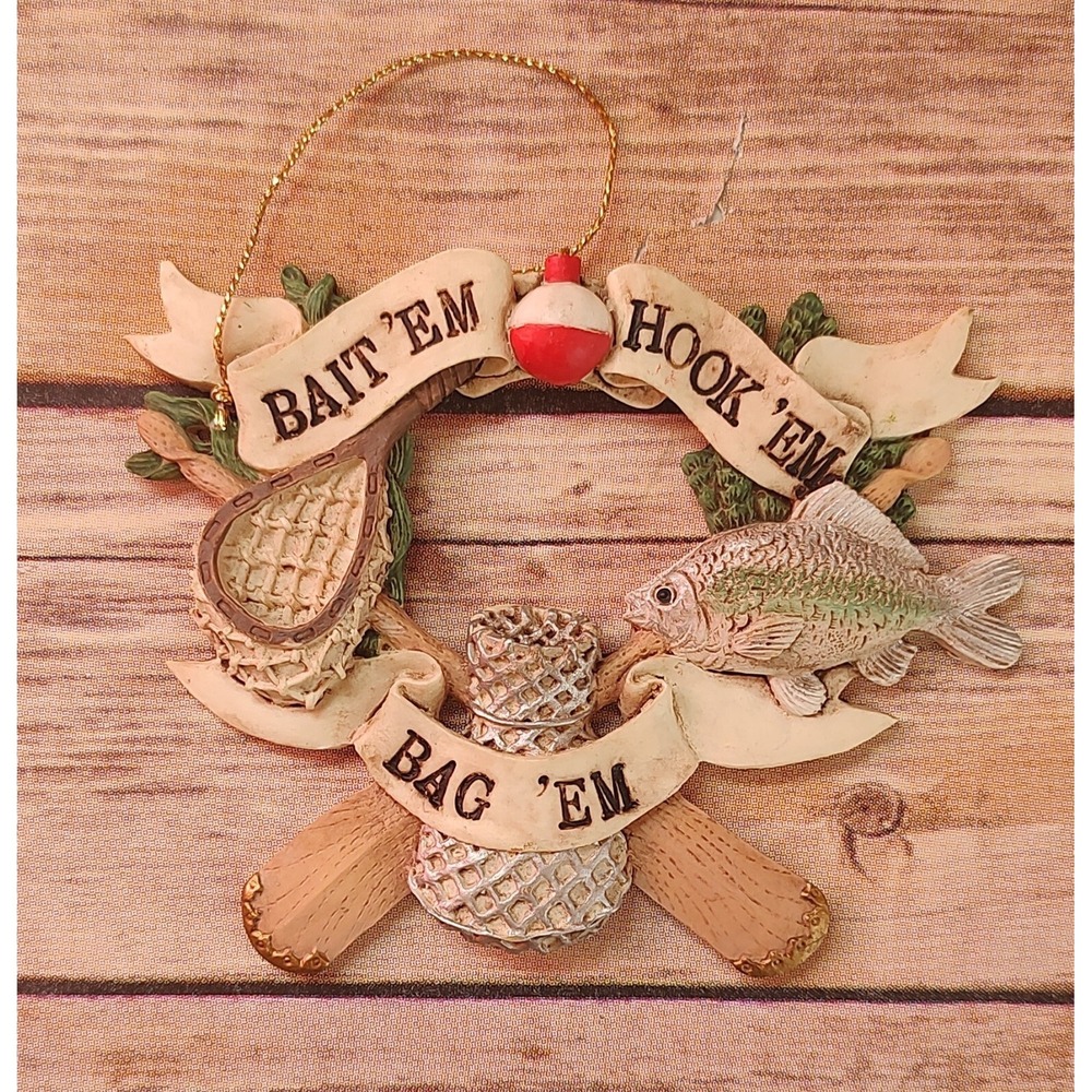 Christmas Traditions Fishing Ornament Collectible Fisherman Hook Em Bait Em A3